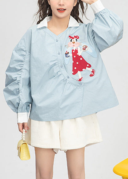 Light Blue Embroideried Button Cotton Shirts Spring