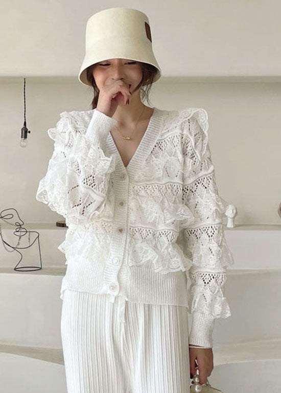 White V Neck Hollow Out Ruffled Blouses Spring