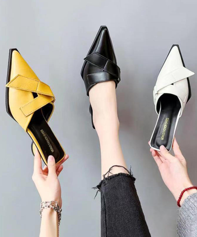 Black Chunky Faux Leather Splicing Slide Sandals Pointed Toe