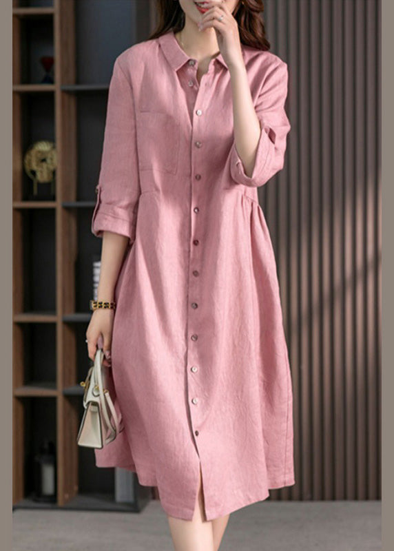 Pink Peter Pan Collar Button Wrinkled Cotton Maxi Dresses Long Sleeve Fall