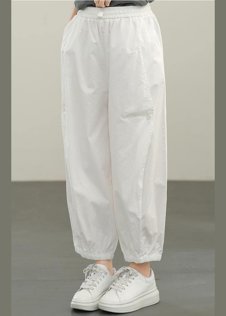 White Elastic Waist Cargo Cotton Pants Summer