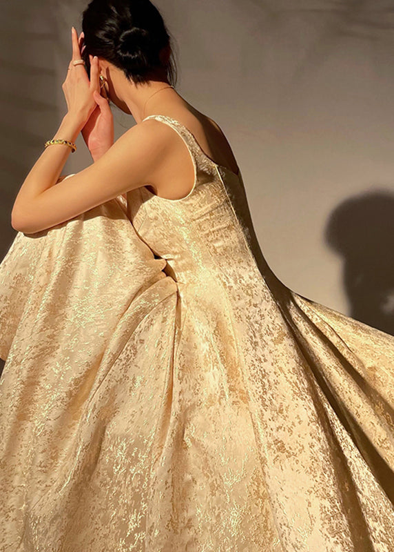 Jacquard Gold Square Collar Zippered Wrinkled Silk Holiday Dress Sleeveless Summer