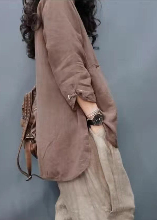 Chocolate Mandarin Collar Button Cotton Linen Coat Long Sleeve