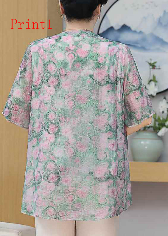 Print Oriental Button Chiffon Top Summer