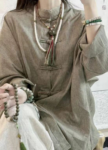 Loose O Neck Chinese Button Linen Shirt Tops Spring