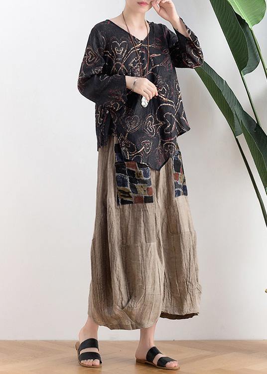 Black Print Asymmetrical Designlinen Summer Tops