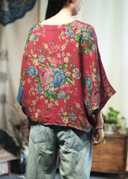 Loose Red O-neck Print Cotton T Shirt Long Sleeve