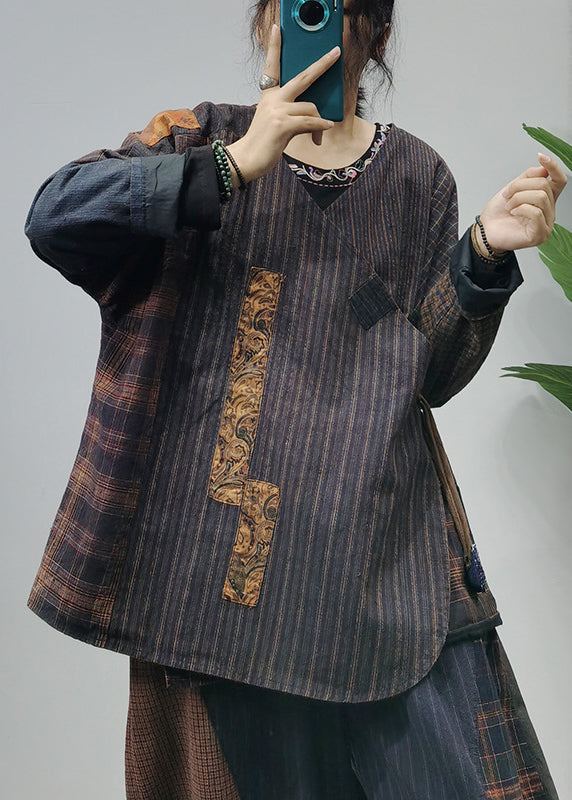Handmade Colorblock O-neck Patchwork Original Design Coat Long Sleeve