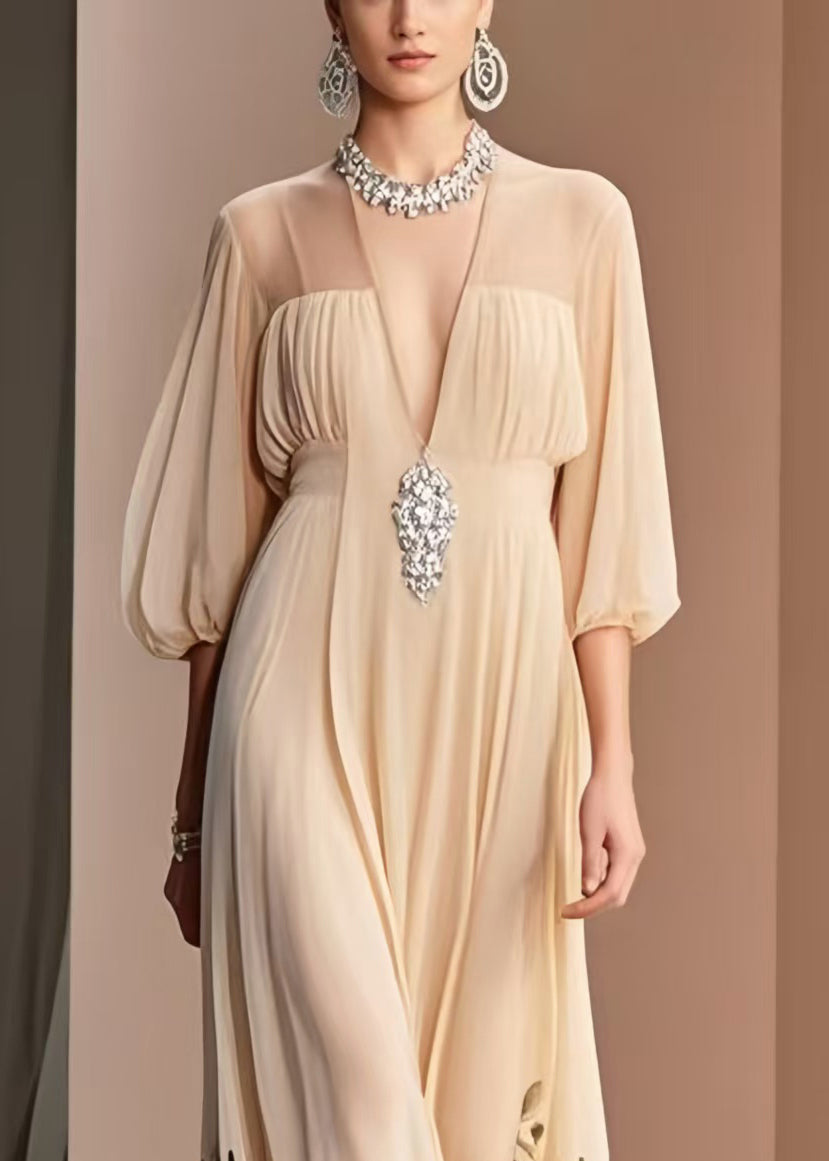 Italian Apricot Print Draping Chiffon Dresses Bracelet Sleeve Summer