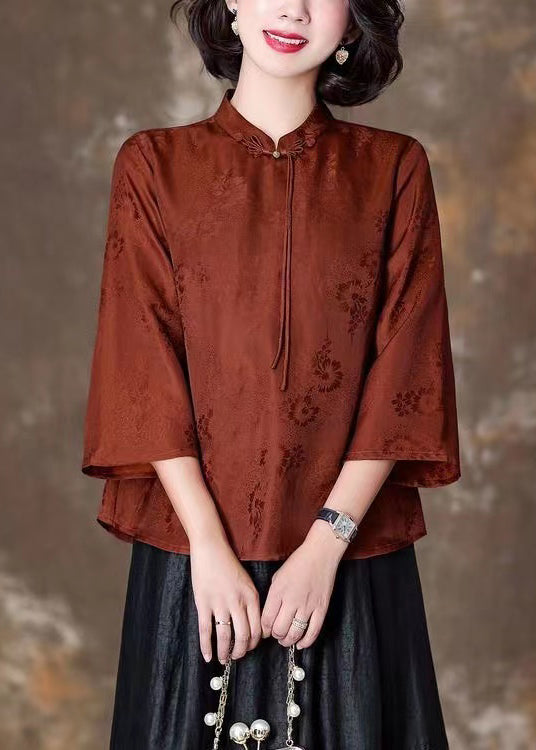 Orange Stand Collar Tasseled Print Silk Shirt Tops Bracelet Sleeve