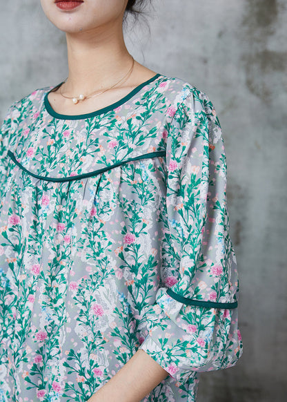 Green Print Chiffon Loose Shirt Spring