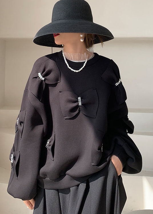 Black Bow Cotton Sweatshirts Top Spring