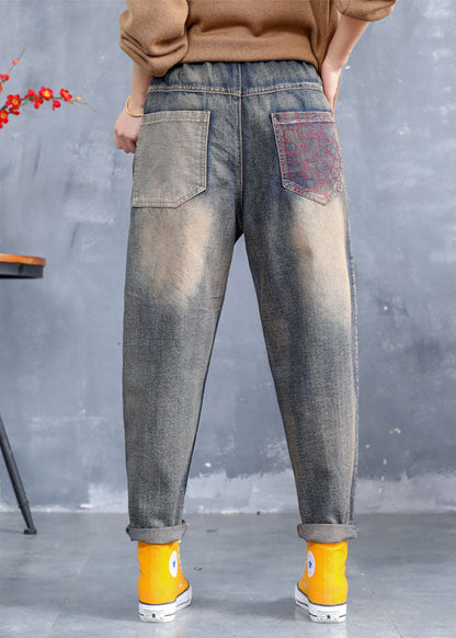 Art Blue Embroideried Pockets Denim Pants Spring