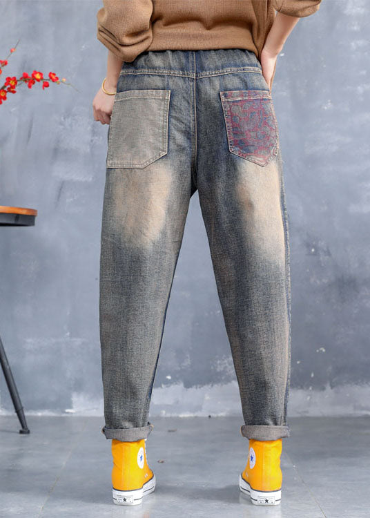 Art Blue Embroideried Pockets Denim Pants Spring