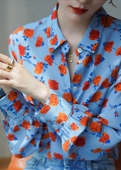 Blue Peter Pan Collar Button Print Chiffon Blouses Puff Sleeve