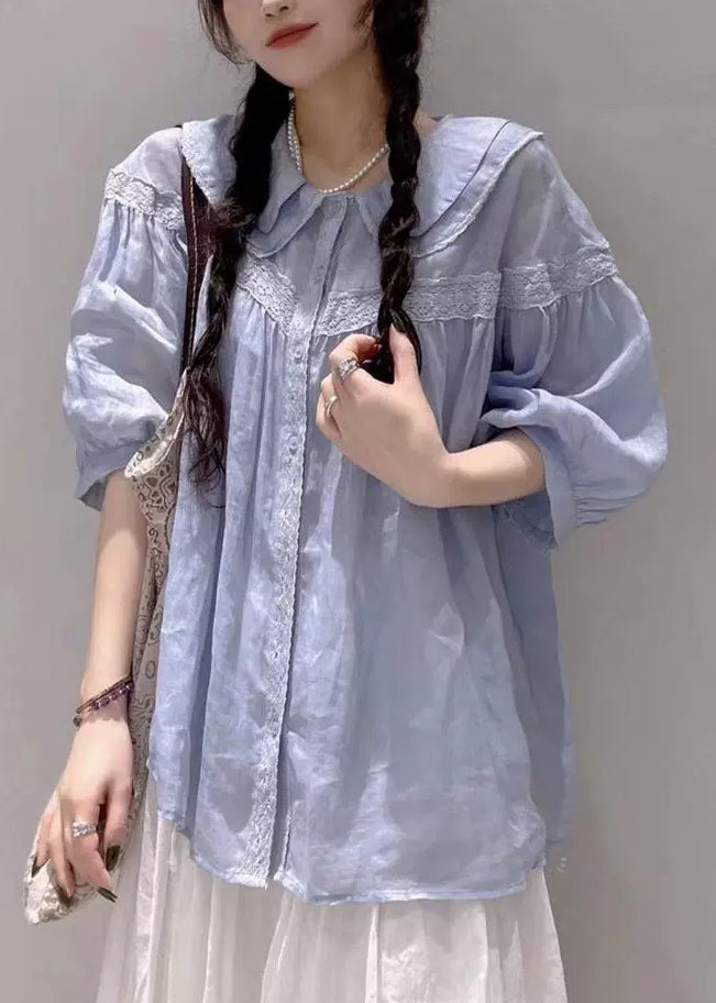 Blue Peter Pan Collar Lace Cotton Blouses Half Sleeve Fall