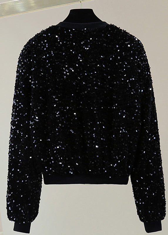 Stylish Black O-neck Patchwork Sequins Silk Velvet Coat Spring