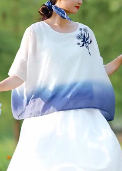 Gradient Color O Neck Embroideried Linen T Shirt Summer