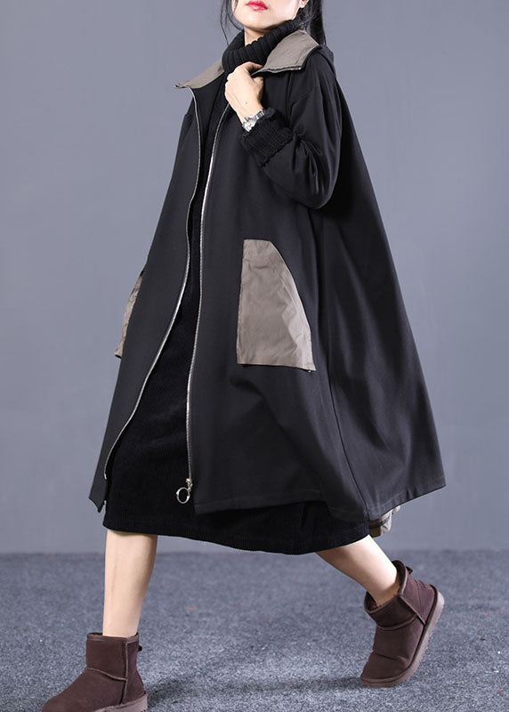 Black Hooded Zip Up Pockets Patchwork Cotton Trench Coats Outwear Fall