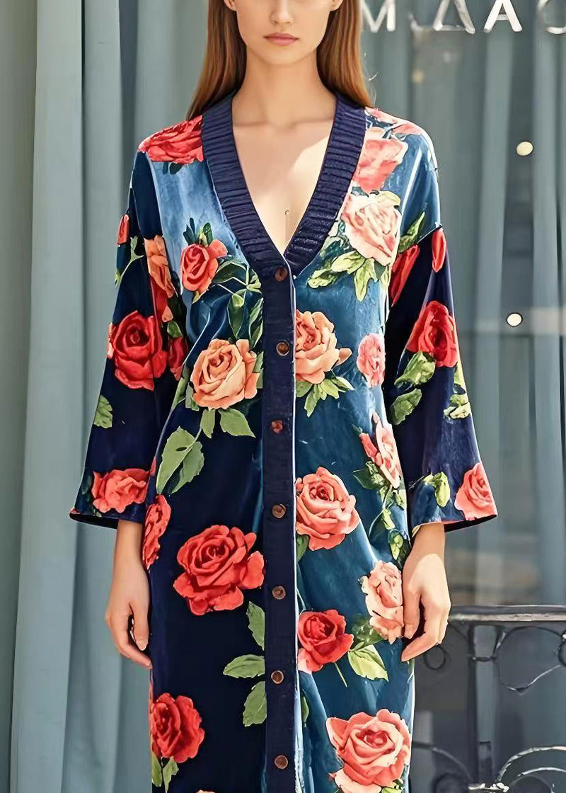 Italian Navy V Neck Silk Velour Long Dress Spring