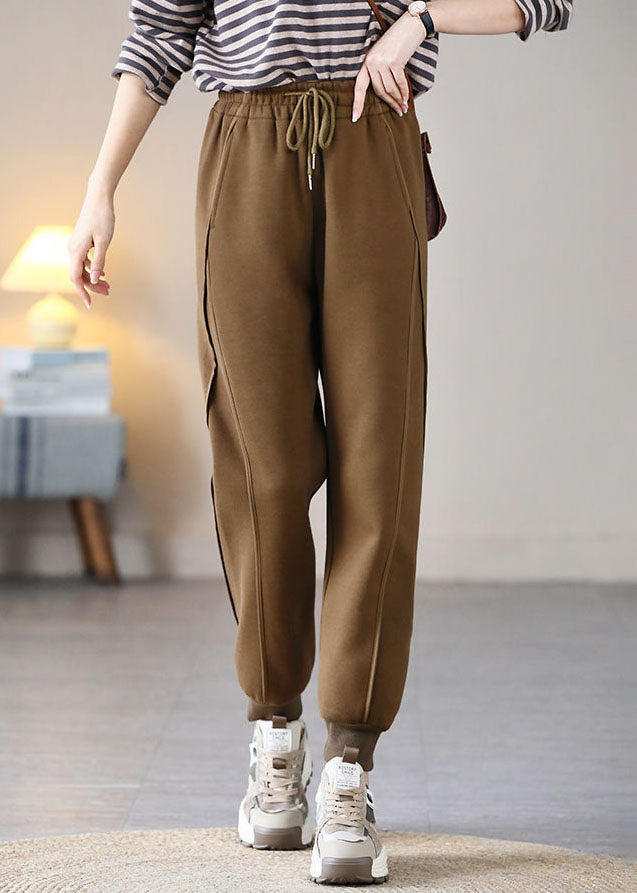 Coffee Elastic Waist Patchwork Drawstring Warm Fleece Pants Trousers Spring