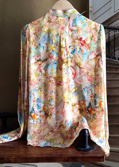 Yellow Stand Collar Print Silk Blouse Top Spring