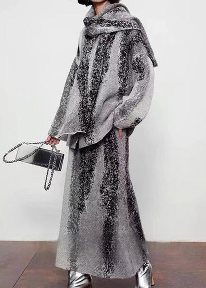 Natural Grey Print Wool Cardigan ,scarf and Maxi Skirts Three Piece Set Fall