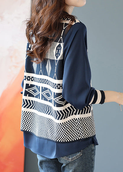Blue O Neck False Two Pieces Patchwork Knit Top Fall