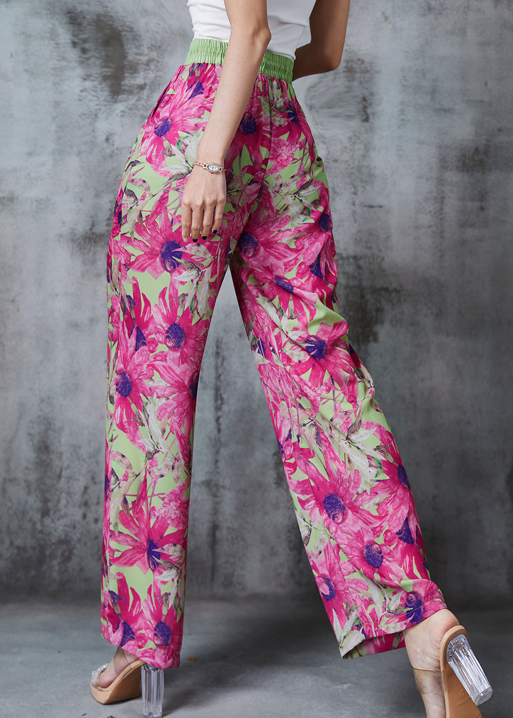 Rose Elastic Waist Leaf Print Chiffon Pants Summer