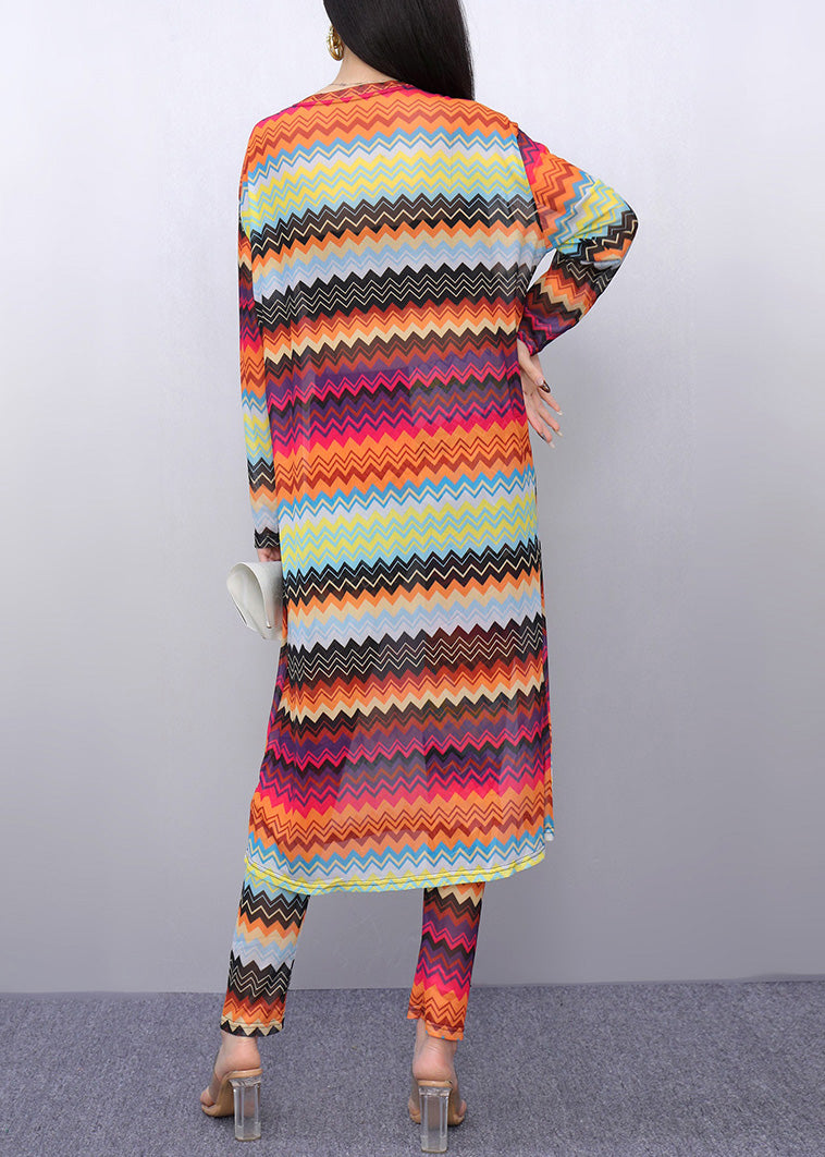 Novelty Rainbow Striped Tulle Long Dress and Pants Two Pieces Set Fall
