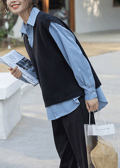 Loose Black Waistcoat and Blue Blouses Patchwork Two Pieces Set Fall