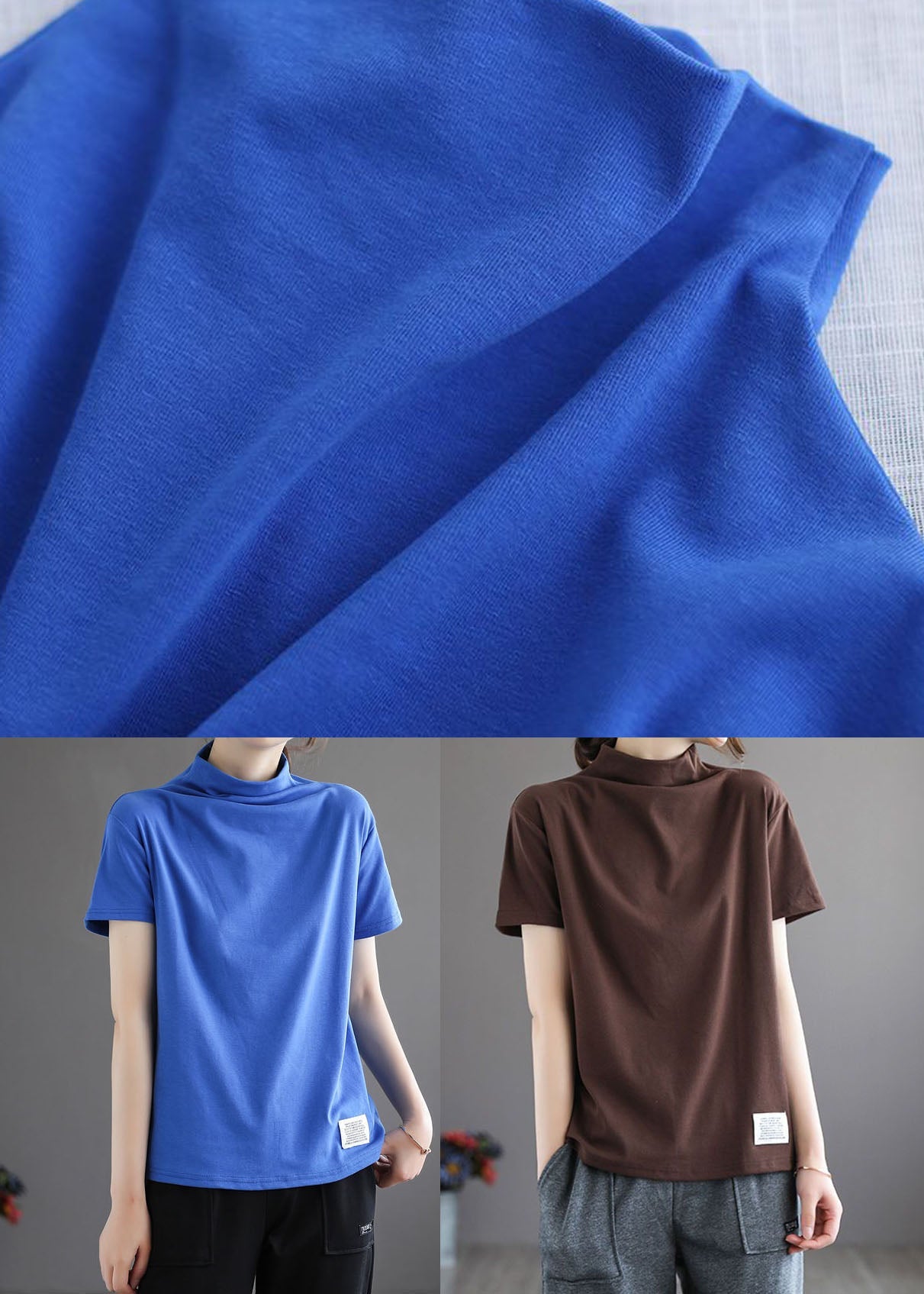 Blue Hign Neck Patchwork Cotton Top Half Sleeve