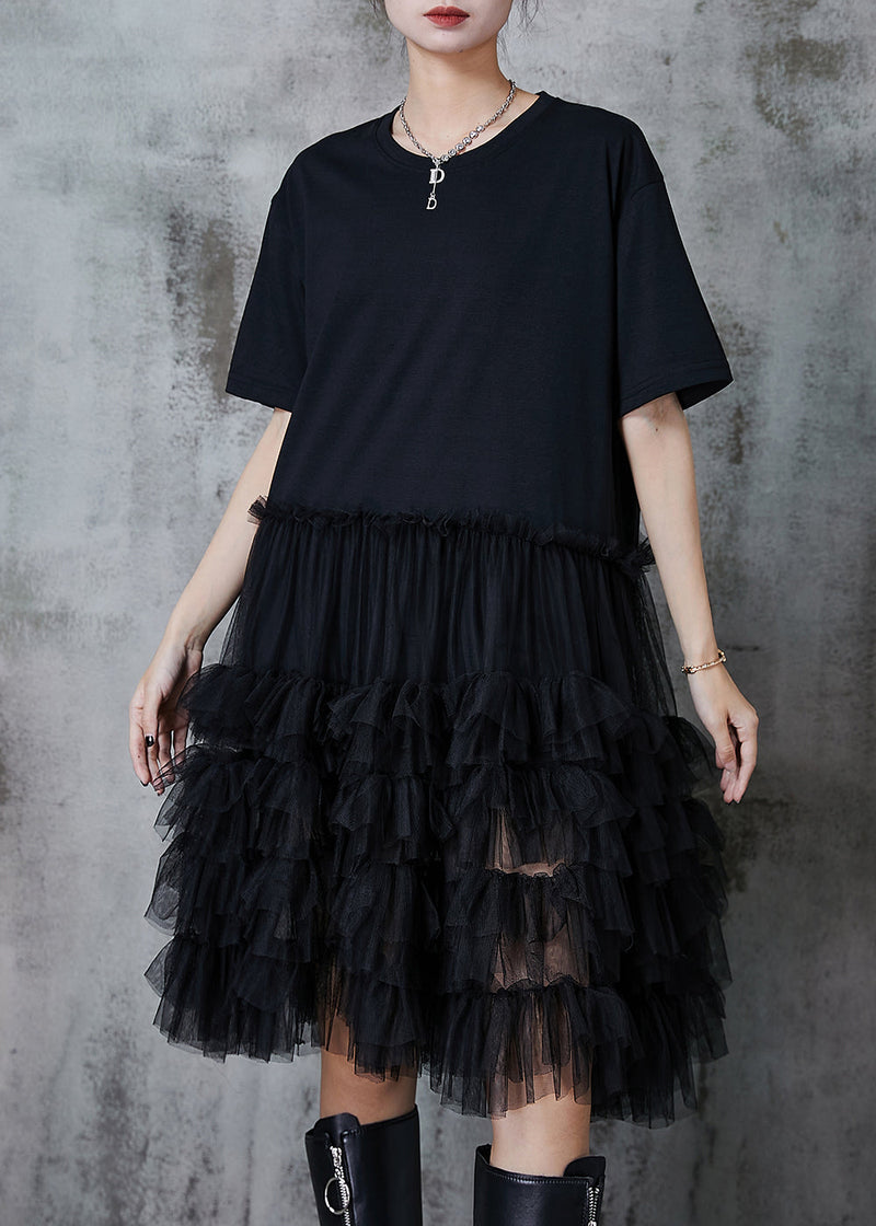 Black Oversized Patchwork Cotton Dresses Summer
