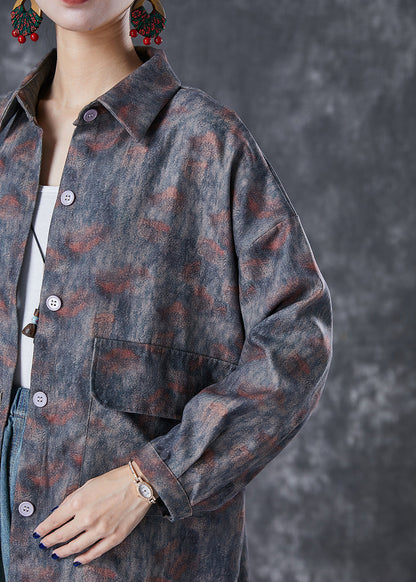 Grey Oversized Tie Dye Pockets Cotton Jackets Fall