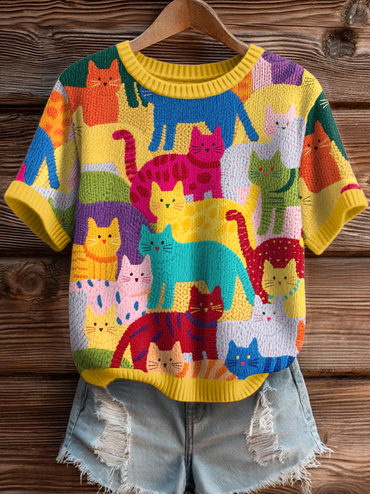 Comstylish Women's Colorful Cats Pattern Cozy Knit Top