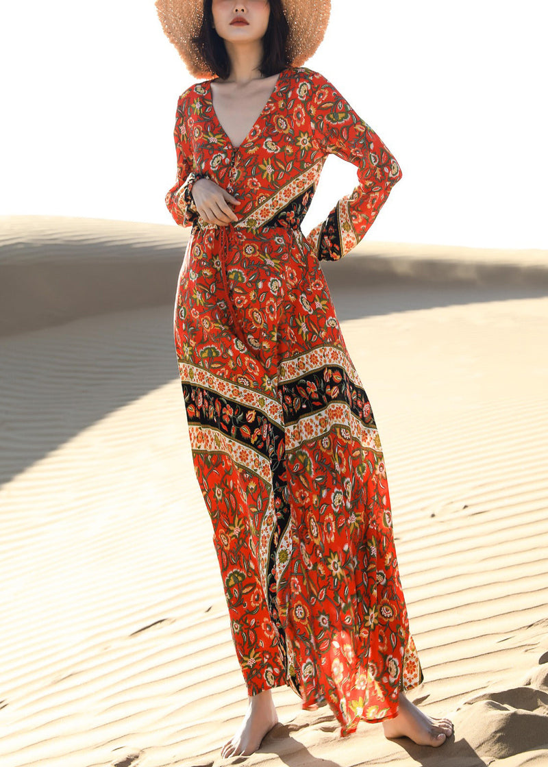 Red Print Lace Up Pockets Long Dress Fall