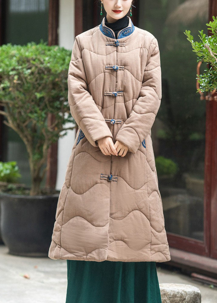 Khaki Stand Collar Embroideried Lengthen Fine Cotton Filled Witner Coat