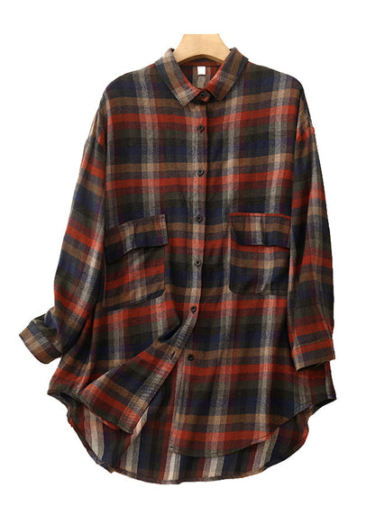 Peter Pan Collar Plaid Pockets Cotton Shirt Tops Fall