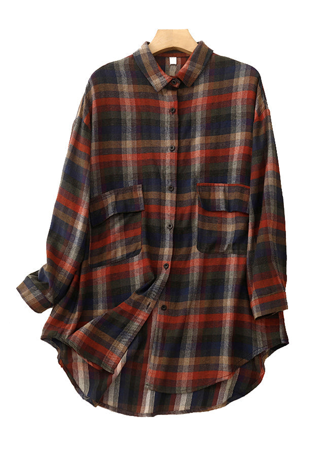 Peter Pan Collar Plaid Pockets Cotton Shirt Tops Fall