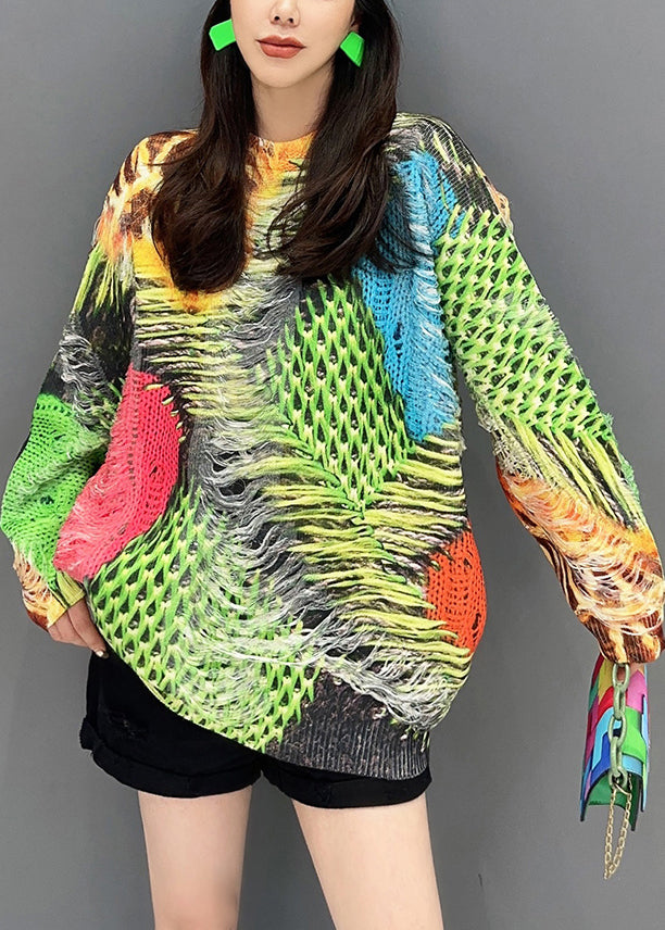 Unique Green O-neck Hollow Out Patchwork Knit Top Fall