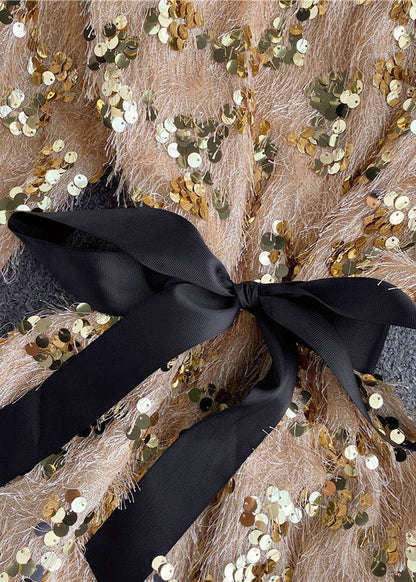 Vogue Yellow O-neck Tassel Sequins Bow Fuzzy Fur Fluffy Mid Dresses Spring