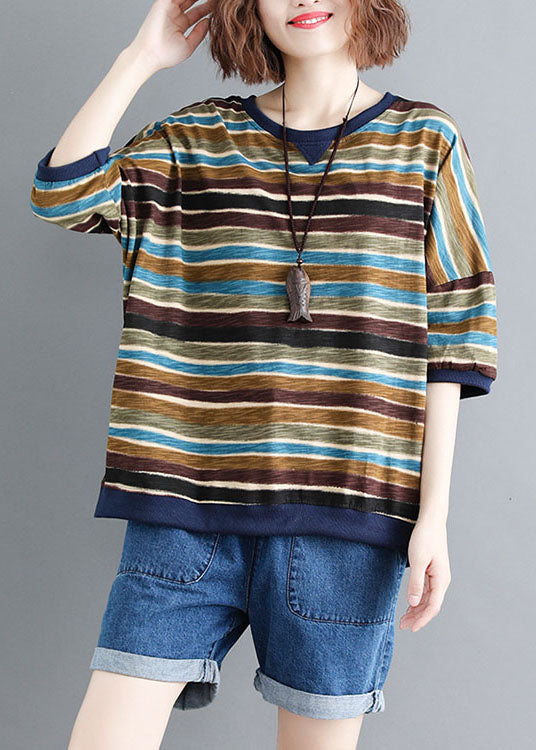 Colorblock O Neck Striped Patchwork Cotton Tops Summer