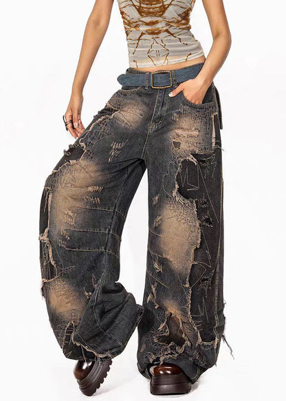 Denim Blue Pockets High Waist Ripped Jeans Fall