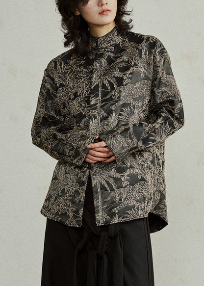 Black Stand Collar Jacquard Top Fall