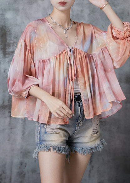 Gradient Color Oversized Lace Up Chiffon Blouses Fall