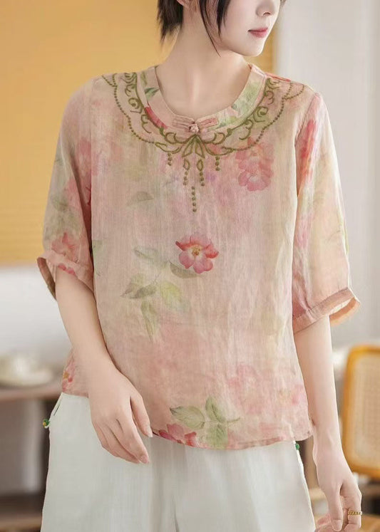 Pink Print Chinese Style Linen Top Summer