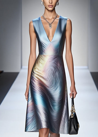 Gradient Blue V Neck Silm Fit Silk Tea Dress Sleeveless