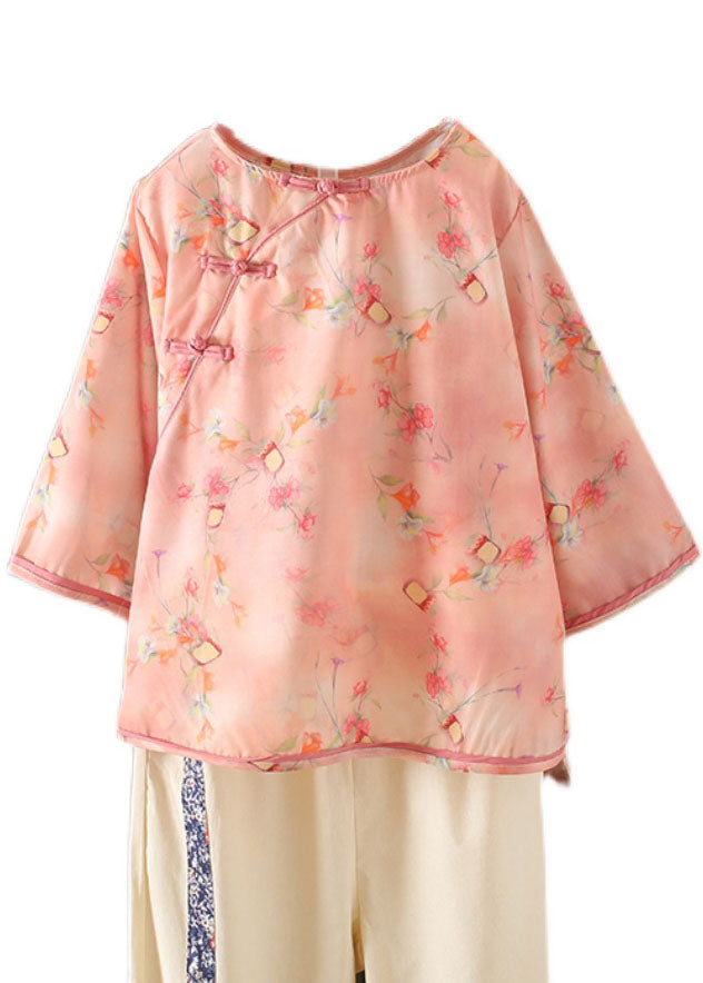 Pink Asymmetrical Print Cotton Linen Blouse Tops Bracelet Sleeve
