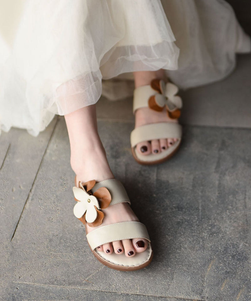 Splicing Platform Beige Comfortable Cowhide Leather Slide Sandals
