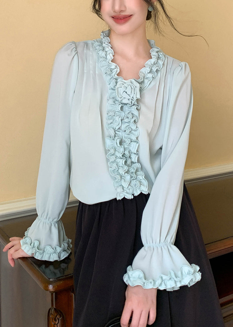 Mint Green Chiffon Blouses V Neck Spring